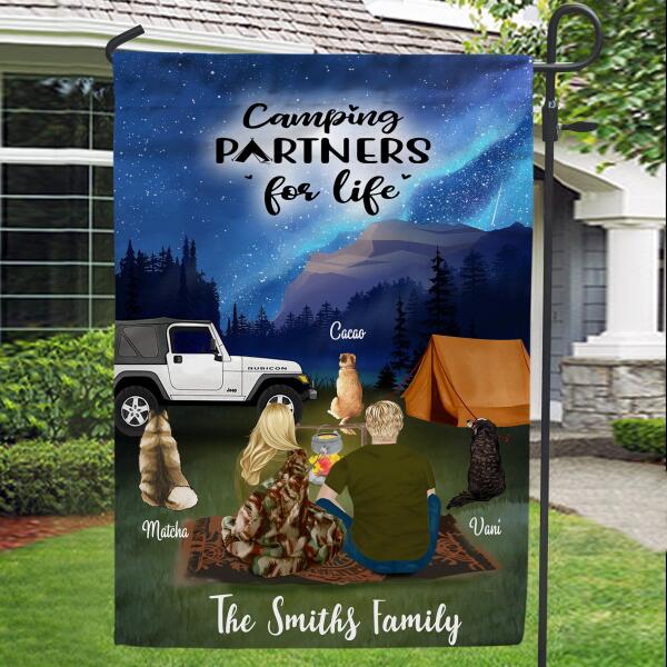 Personalized Night Camping Garden Flag - Best Gift For Camping Couple - Up to 3 Dogs - Family's Name - NIMLQ4