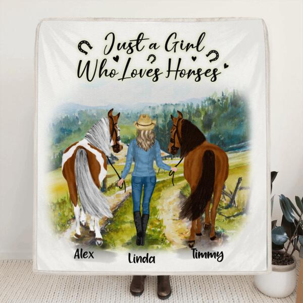 Personalized Horse Girl Quilt/Fleece Blanket & Pillow Cover - Up to 6 Horses - Best Gift For Horse Lover - Just A Girl Who Loves Horses
