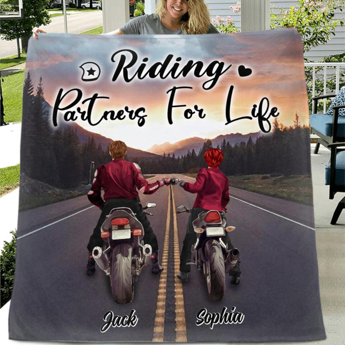 Personalized Motorcycle Couple Quilt/Fleece Blanket/Pillow Cover - Up to 4 People - Best Gift For Couple - Riding Partners For Life