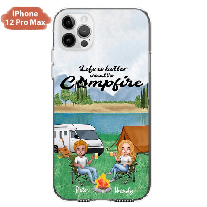 Personalized Camping Chibi Phone Case - Couple With Up to 2 Dogs - Gift Idea For Dog/Camping Lover - Life Is Better Around The Campfire - Case For iPhone And Samsung