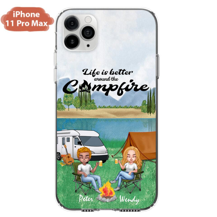 Personalized Camping Chibi Phone Case - Couple With Up to 2 Dogs - Gift Idea For Dog/Camping Lover - Life Is Better Around The Campfire - Case For iPhone And Samsung