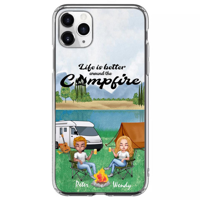 Personalized Camping Chibi Phone Case - Couple With Up to 2 Dogs - Gift Idea For Dog/Camping Lover - Life Is Better Around The Campfire - Case For iPhone And Samsung