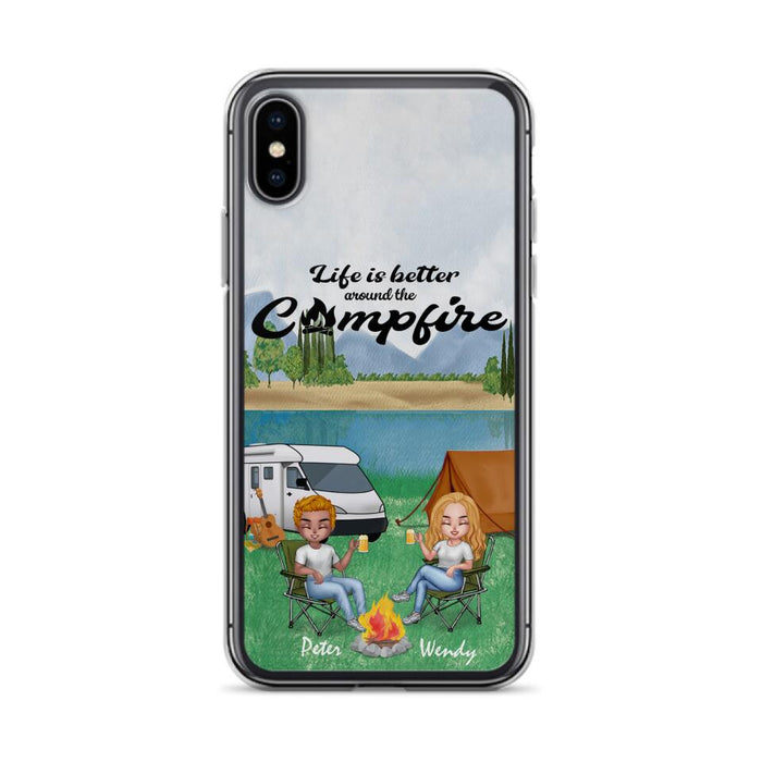 Personalized Camping Chibi Phone Case - Couple With Up to 2 Dogs - Gift Idea For Dog/Camping Lover - Life Is Better Around The Campfire - Case For iPhone And Samsung