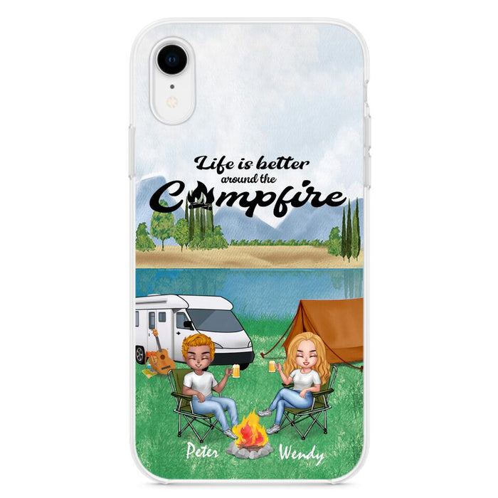 Personalized Camping Chibi Phone Case - Couple With Up to 2 Dogs - Gift Idea For Dog/Camping Lover - Life Is Better Around The Campfire - Case For iPhone And Samsung