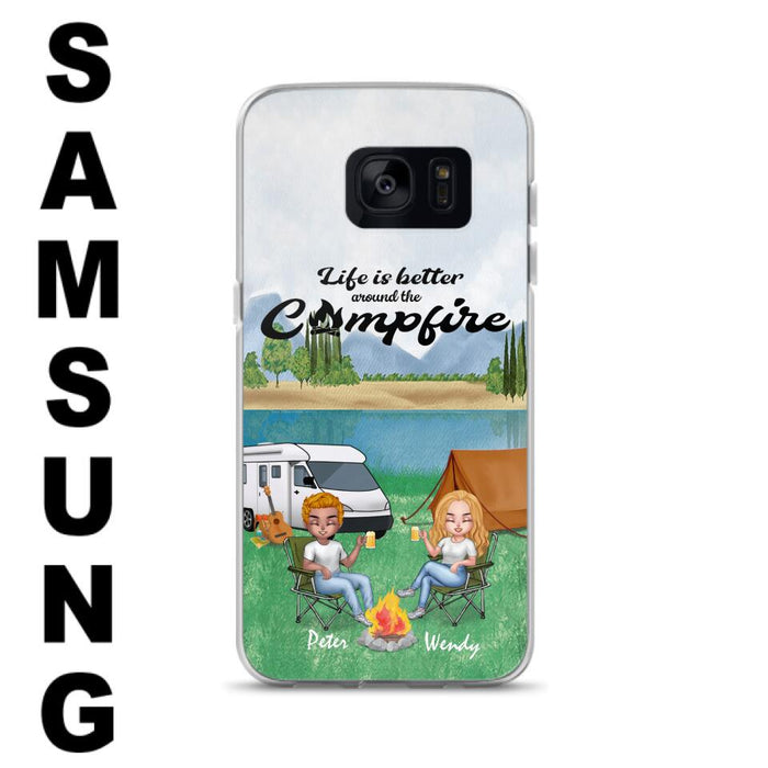 Personalized Camping Chibi Phone Case - Couple With Up to 2 Dogs - Gift Idea For Dog/Camping Lover - Life Is Better Around The Campfire - Case For iPhone And Samsung