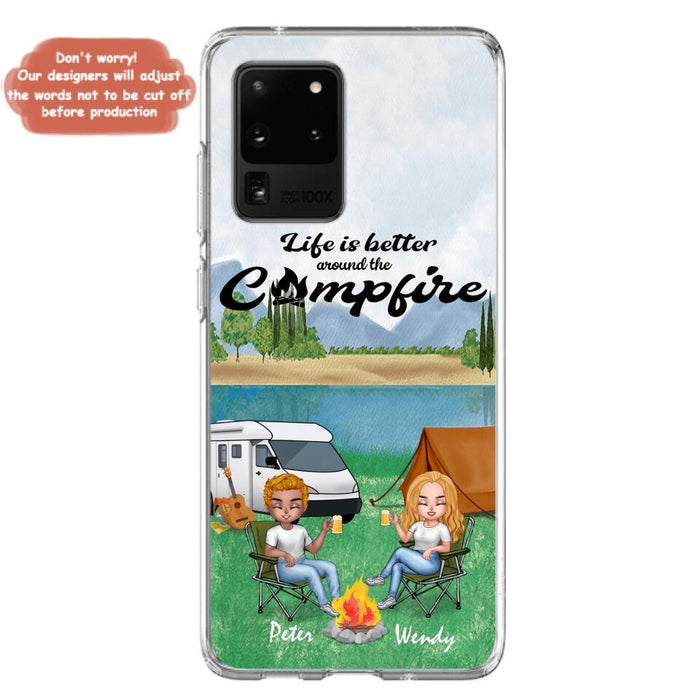 Personalized Camping Chibi Phone Case - Couple With Up to 2 Dogs - Gift Idea For Dog/Camping Lover - Life Is Better Around The Campfire - Case For iPhone And Samsung