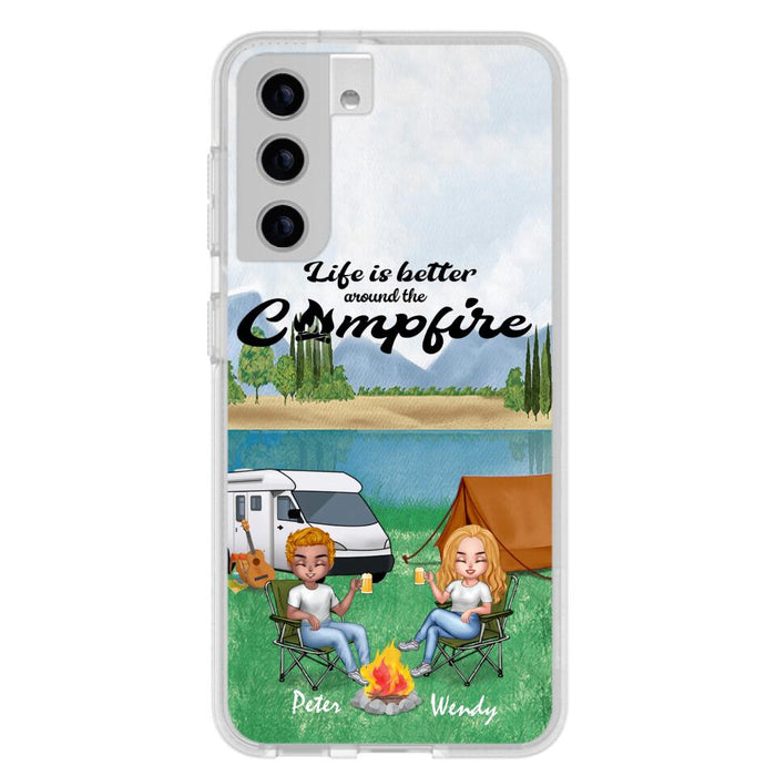 Personalized Camping Chibi Phone Case - Couple With Up to 2 Dogs - Gift Idea For Dog/Camping Lover - Life Is Better Around The Campfire - Case For iPhone And Samsung