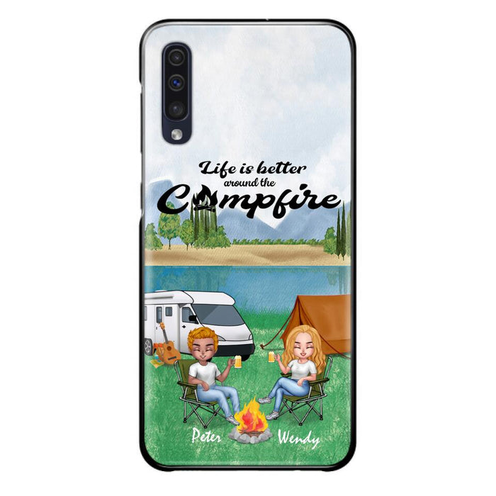 Personalized Camping Chibi Phone Case - Couple With Up to 2 Dogs - Gift Idea For Dog/Camping Lover - Life Is Better Around The Campfire - Case For iPhone And Samsung