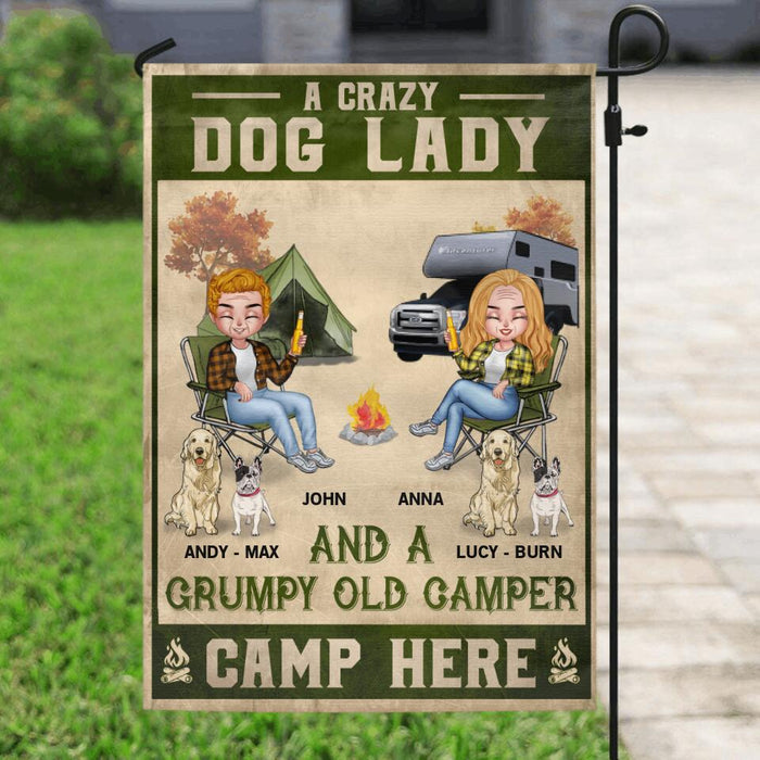 Custom Personalized Spoiled Camping Couple Flag Sign - Gift For Camping Lovers with up to 4 Dogs - Crazy Dog Lady and Grumpy Old Camper Camp Here