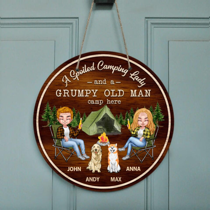Personalized Spoiled Camping Couple Door Sign - Gift For Camping Lovers/Couple with up to 2 Dogs - A Spoiled Lady and A Grumpy Old Man Camp Here