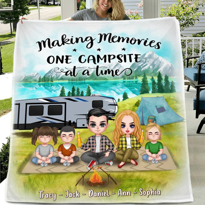 Personalized Camping Fleece Throw Blanket/Quilt - Gift For Couple/Family with up to 3 Kids - Making Memories One Campsite At A Time