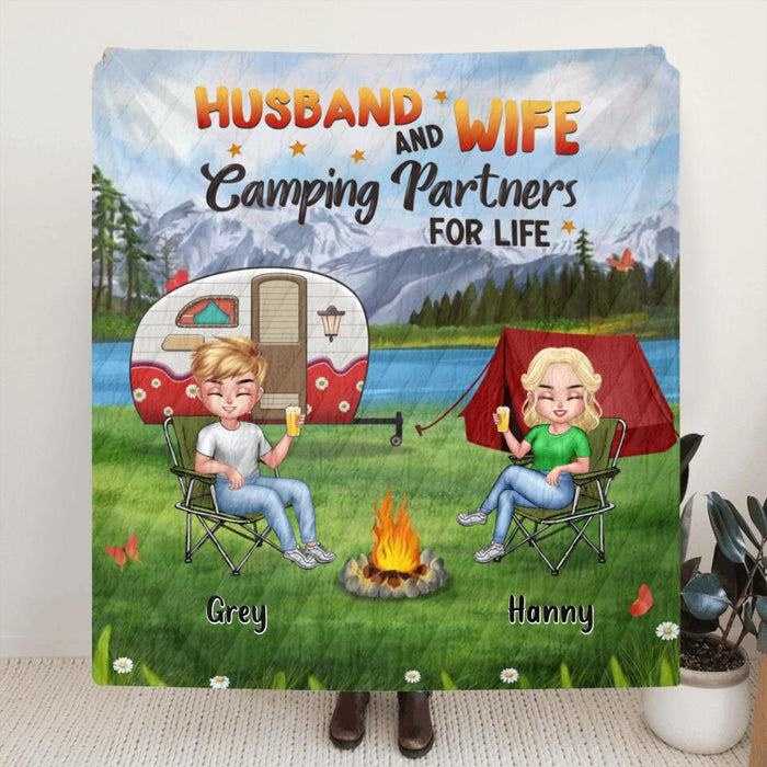 Personalized Camping Fleece Throw Blanket/Quilt - Gift Idea For Camping Lovers/Couple/Father's Day/Mother's Day - Husband and Wife Camping Partners For Life