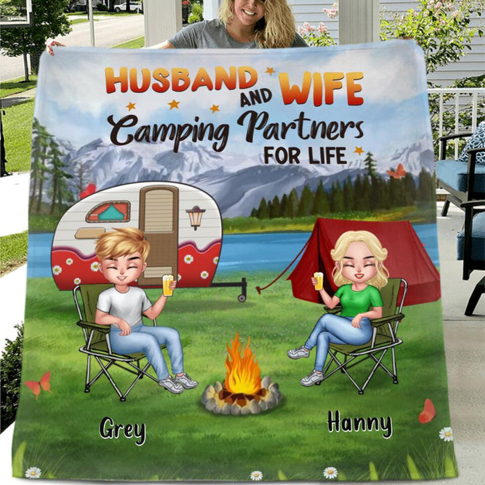 Personalized Camping Fleece Throw Blanket/Quilt - Gift Idea For Camping Lovers/Couple/Father's Day/Mother's Day - Husband and Wife Camping Partners For Life