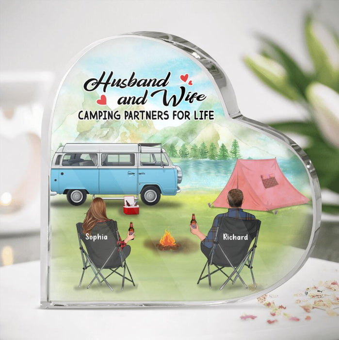 Personalized Heart Acrylic Camping Plaque - Gift for Camping Lovers, Couples - Up to 3 Pets - Husband and Wife Camping partners for life