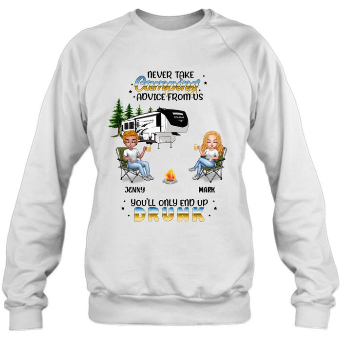 Personalized Camping Friends Shirt - Up to 6 People - Gift Idea For Friends/Camping Lovers - Never Take Camping Advice From Us You'll Only End Up Drunk
