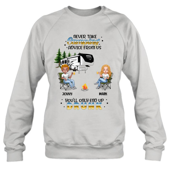 Personalized Camping Friends Shirt - Up to 6 People - Gift Idea For Friends/Camping Lovers - Never Take Camping Advice From Us You'll Only End Up Drunk