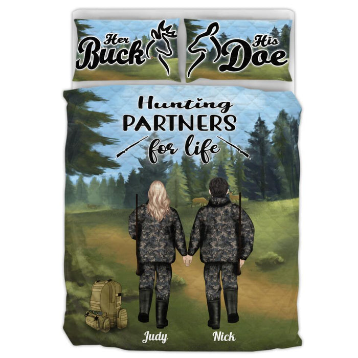 Personalized Couple Hunting Quilt Bed Sets - Couple With Up to 2 Pets - Gift Idea For Couple/Hunting Lover - Hunting Partners for Life