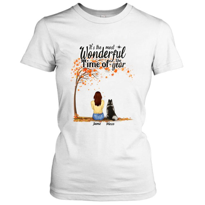 Personalized Horse Dog Mom In Autumn T-Shirt - Up to 3 Horses/Dogs - It's The Most Wonderful Time Of The Year