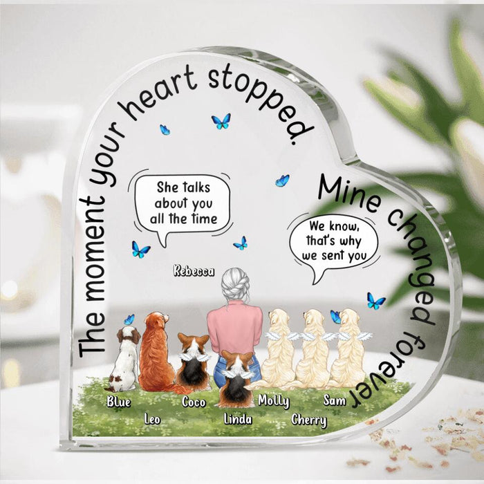 Personalized Memorial Dog Heart-Shaped Plaque - Woman With 7 Dogs - Memorial Gift For Dog Lover