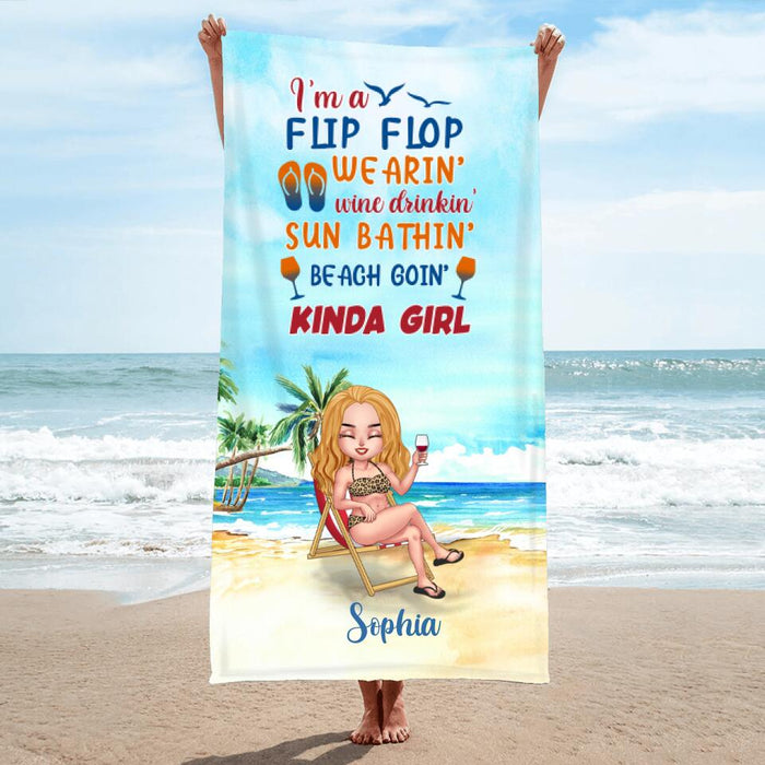 Personalized Camping Beach Towel - Gift Idea For Beach Lover - I'm A Flip Flop Wearin' Wine Drinkin' Sun Bathin' Beach Goin' Kinda Girl