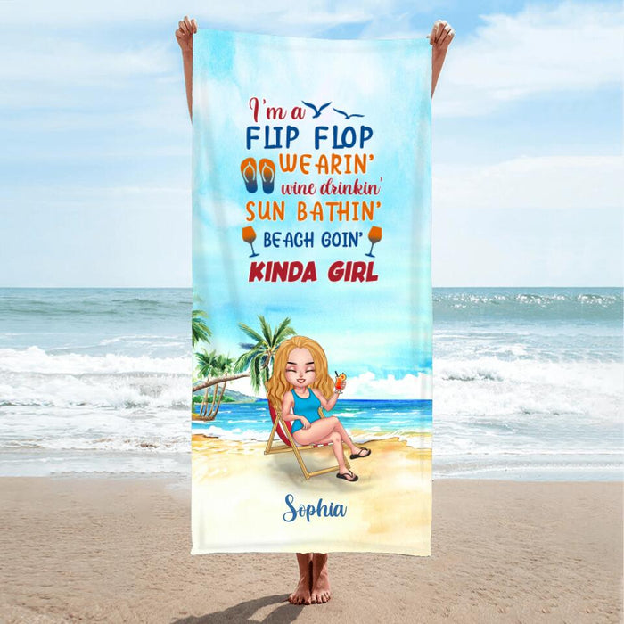 Personalized Camping Beach Towel - Gift Idea For Beach Lover - I'm A Flip Flop Wearin' Wine Drinkin' Sun Bathin' Beach Goin' Kinda Girl
