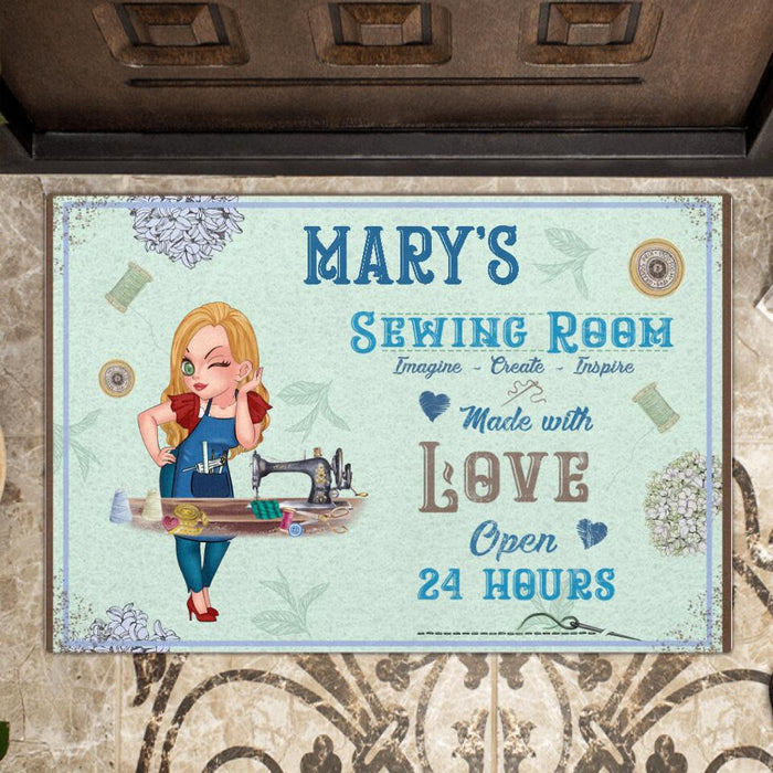 Custom Personalized Sewing Doormat - Gift Idea For Sewing Lover - Sewing Room, Imagine, Create, Inspire, Made With Love Open 24 Hours
