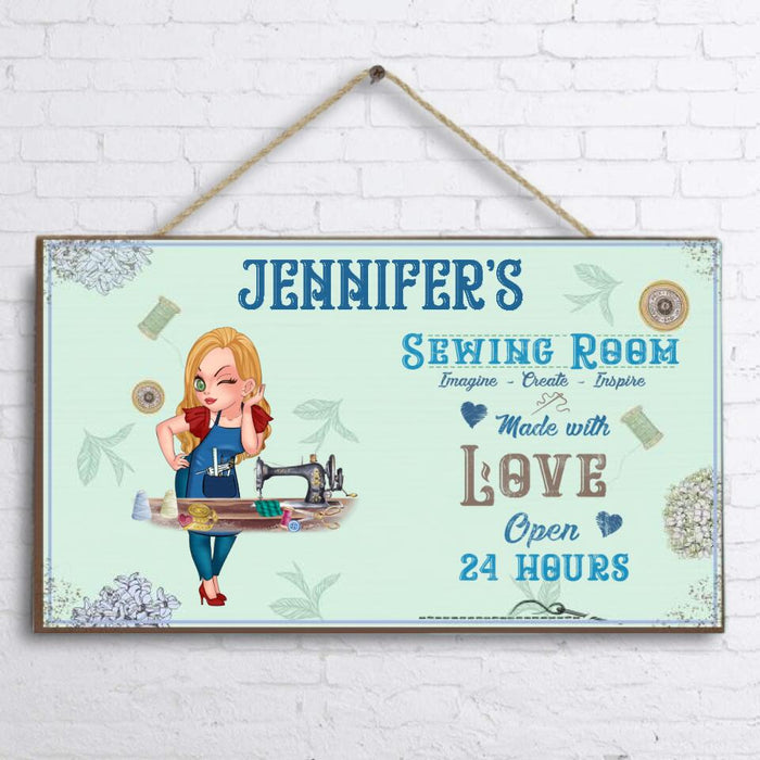 Custom Personalized Sewing Door Sign - Gift Idea For Sewing Lover - Sewing Room, Imagine, Create, Inspire, Made With Love Open 24 Hours