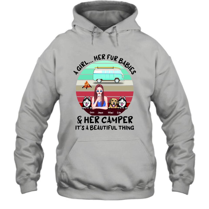 Personalized Camping Shirt - Women With  Up to 3 Dogs - Best Gift For Dog Lover - A Girl Her Fur Babies Her Dogs And Her Camper It's A Beautiful Thing