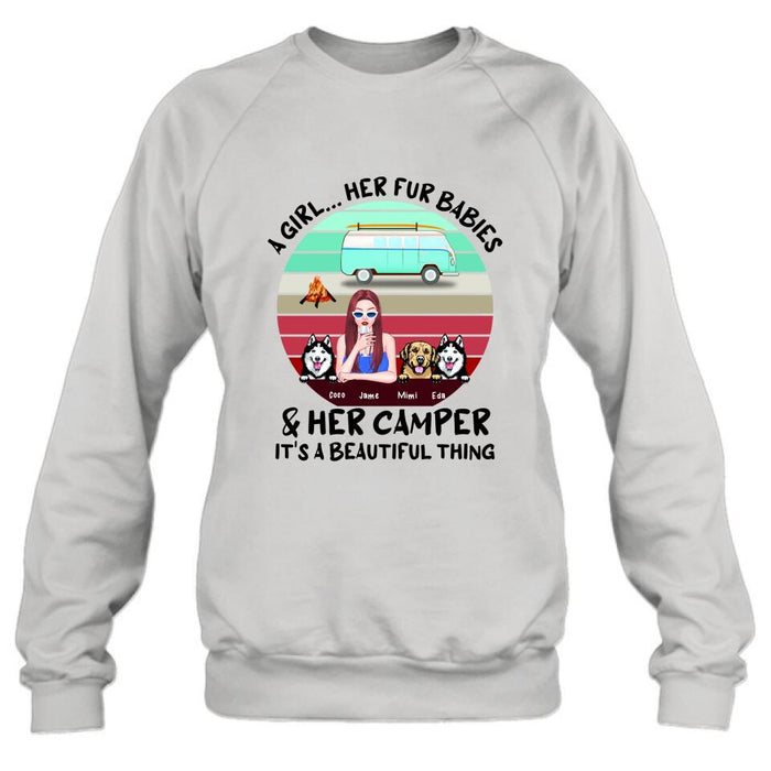 Personalized Camping Shirt - Women With  Up to 3 Dogs - Best Gift For Dog Lover - A Girl Her Fur Babies Her Dogs And Her Camper It's A Beautiful Thing
