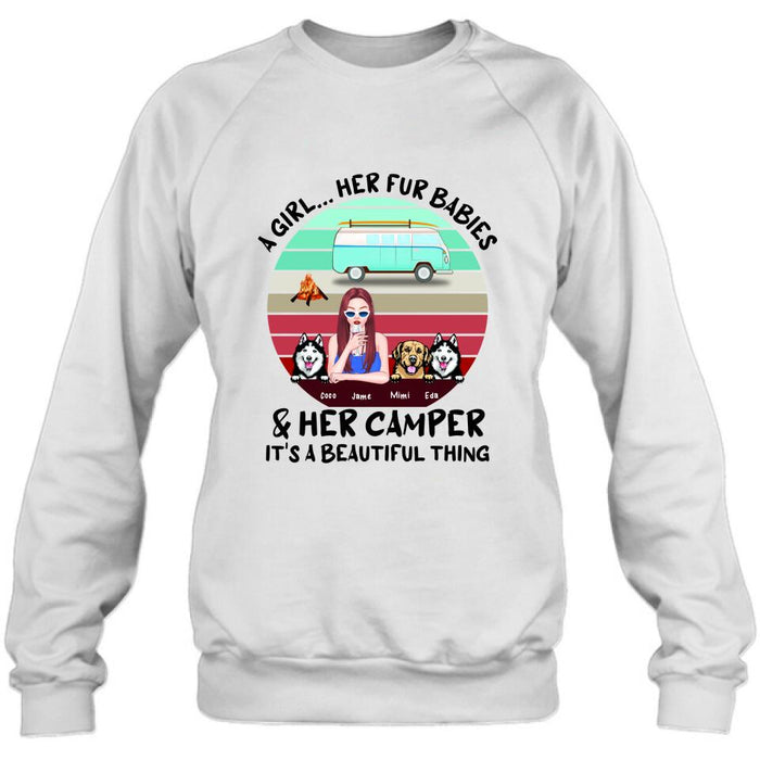 Personalized Camping Shirt - Women With  Up to 3 Dogs - Best Gift For Dog Lover - A Girl Her Fur Babies Her Dogs And Her Camper It's A Beautiful Thing