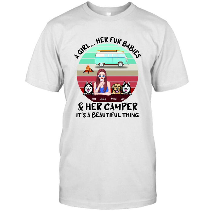 Personalized Camping Shirt - Women With  Up to 3 Dogs - Best Gift For Dog Lover - A Girl Her Fur Babies Her Dogs And Her Camper It's A Beautiful Thing