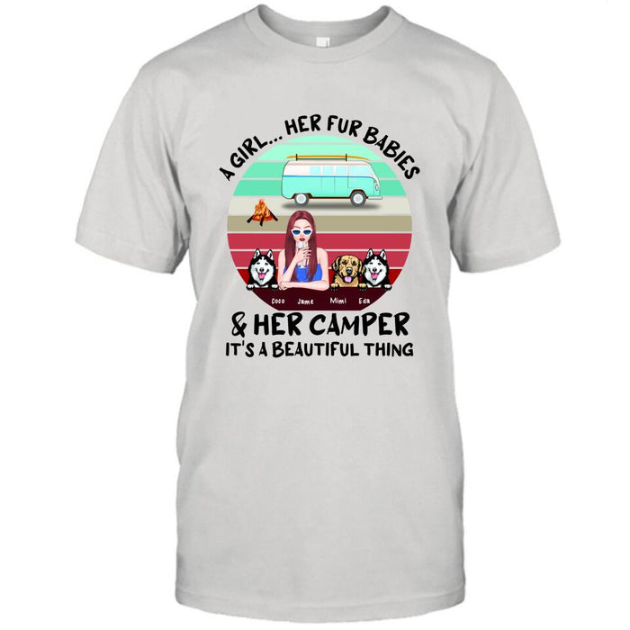 Personalized Camping Shirt - Women With  Up to 3 Dogs - Best Gift For Dog Lover - A Girl Her Fur Babies Her Dogs And Her Camper It's A Beautiful Thing