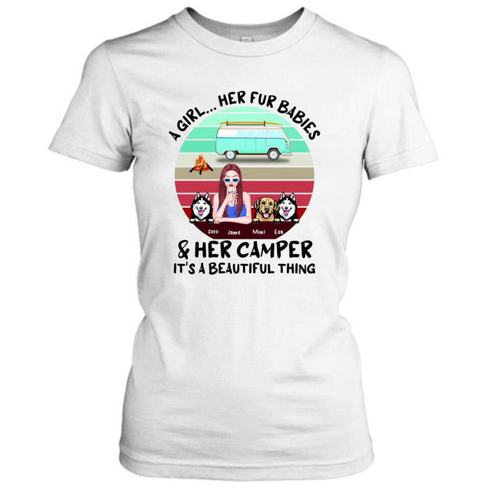 Personalized Camping Shirt - Women With  Up to 3 Dogs - Best Gift For Dog Lover - A Girl Her Fur Babies Her Dogs And Her Camper It's A Beautiful Thing