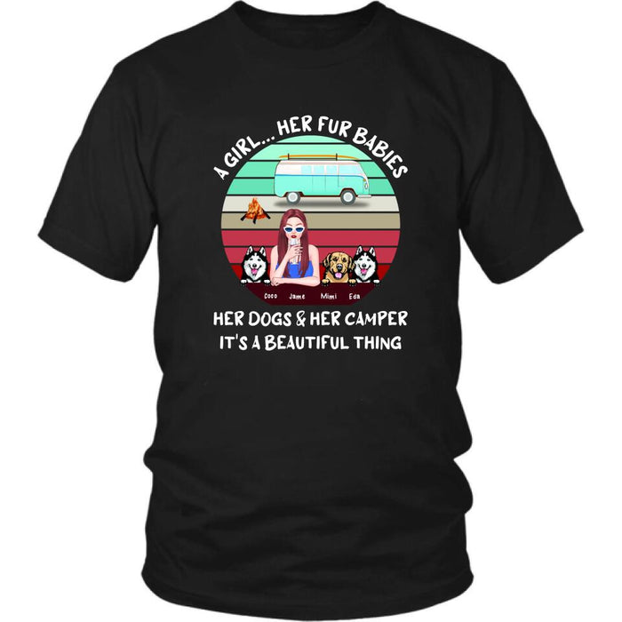 Personalized Camping Black T-Shirt - Women With Up to 3 Dogs - Best Gift For Dog Lover - A Girl Her Fur Babies Her Dogs And Her Camper It's A Beautiful Thing