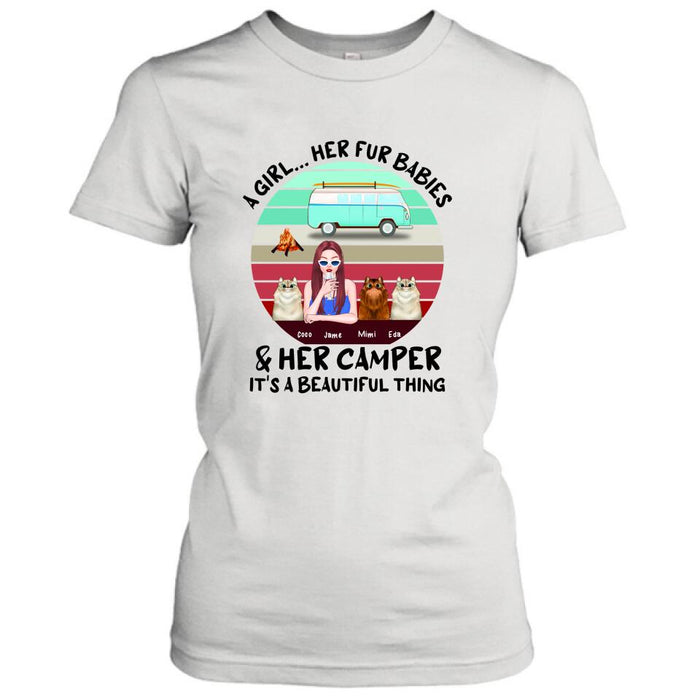 Personalized Camping T-Shirt - Women With Up to 3 Cats - Best Gift For Dog Lover - A Girl Her Fur Babies Her Cats And Her Camper It's A Beautiful Thing