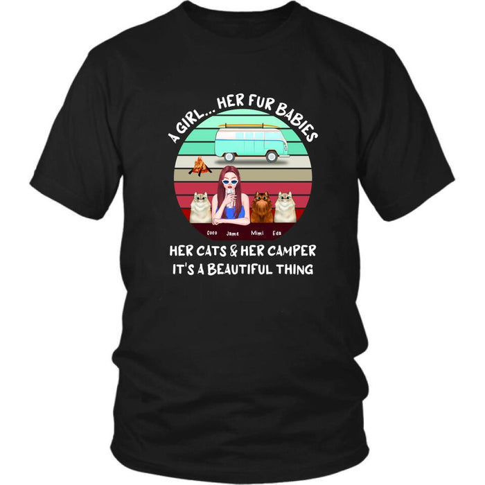 Personalized Camping Black T-Shirt - Women With Up to 3 Cats - Best Gift For Dog Lover - A Girl Her Fur Babies Her Cats And Her Camper It's A Beautiful Thing