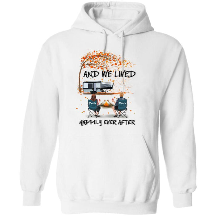 Personalized Autumn Camping T-shirt/Pullover Hoodie - Couple/Parents With Up to 4 Kids, 4 Pets - Gift For Camping Lover - And We Lived Happily Ever After