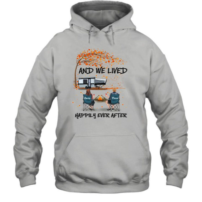 Personalized Autumn Camping T-shirt/Pullover Hoodie - Couple/Parents With Up to 4 Kids, 4 Pets - Gift For Camping Lover - And We Lived Happily Ever After