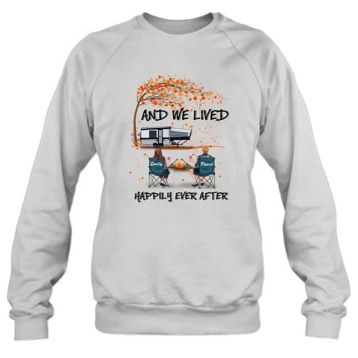 Personalized Autumn Camping T-shirt/Pullover Hoodie - Couple/Parents With Up to 4 Kids, 4 Pets - Gift For Camping Lover - And We Lived Happily Ever After