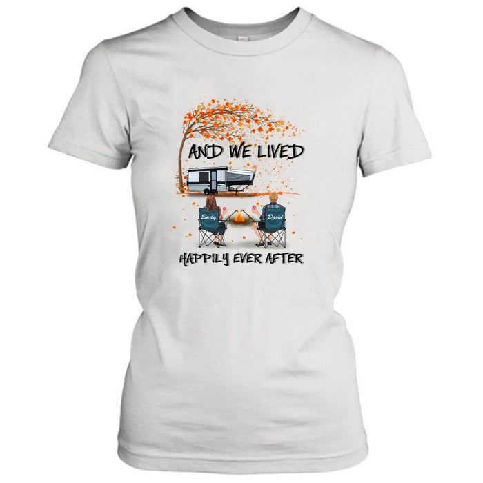 Personalized Autumn Camping T-shirt/Pullover Hoodie - Couple/Parents With Up to 4 Kids, 4 Pets - Gift For Camping Lover - And We Lived Happily Ever After