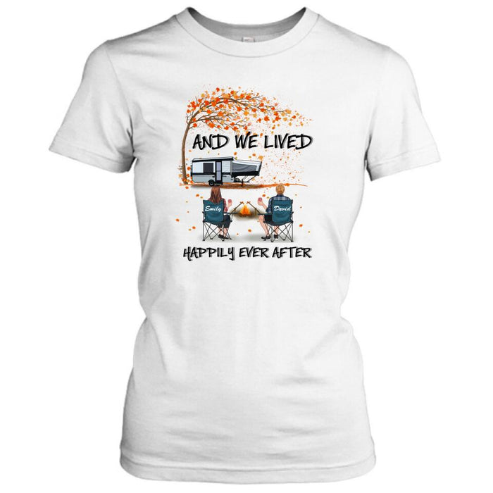 Personalized Autumn Camping T-shirt/Pullover Hoodie - Couple/Parents With Up to 4 Kids, 4 Pets - Gift For Camping Lover - And We Lived Happily Ever After