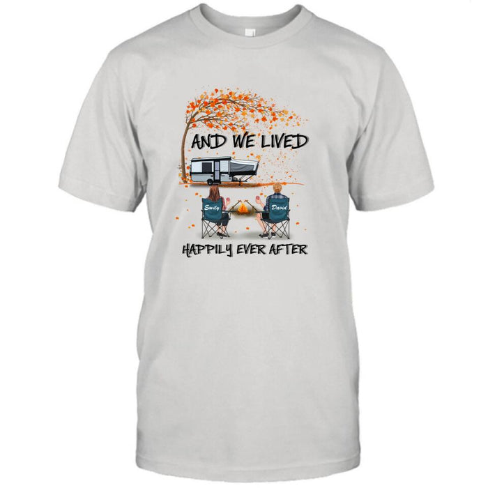 Personalized Autumn Camping T-shirt/Pullover Hoodie - Couple/Parents With Up to 4 Kids, 4 Pets - Gift For Camping Lover - And We Lived Happily Ever After