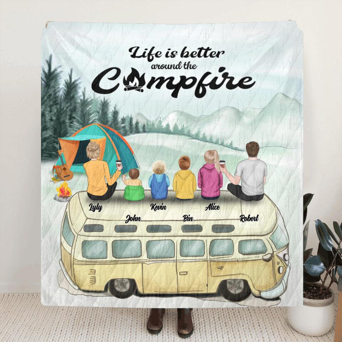 Personalized Camping Blanket - Family On Camper Roof - Life is better around the campfire - JOWCU0