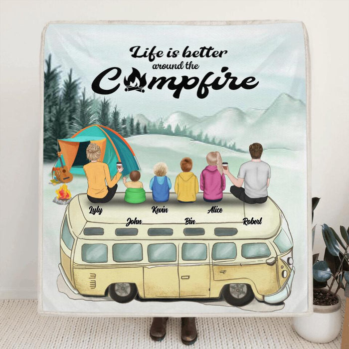 Personalized Camping Blanket - Family On Camper Roof - Life is better around the campfire - JOWCU0