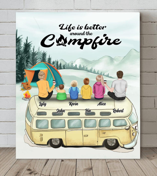 Personalized Camping Canvas - Family On Camper Roof - Life Is Better Around The Campfire - JOWCU0