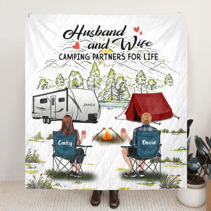 Personalized Camping Quilt/Fleece Throw Blanket - Gift Idea For Camping Lovers/Couple With Up To 4 Dogs - Husband And Wife Camping Partners For Life