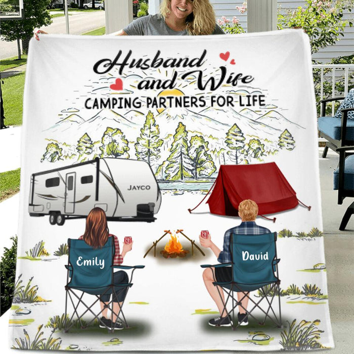 Personalized Camping Quilt/Fleece Throw Blanket - Gift Idea For Camping Lovers/Couple With Up To 4 Dogs - Husband And Wife Camping Partners For Life