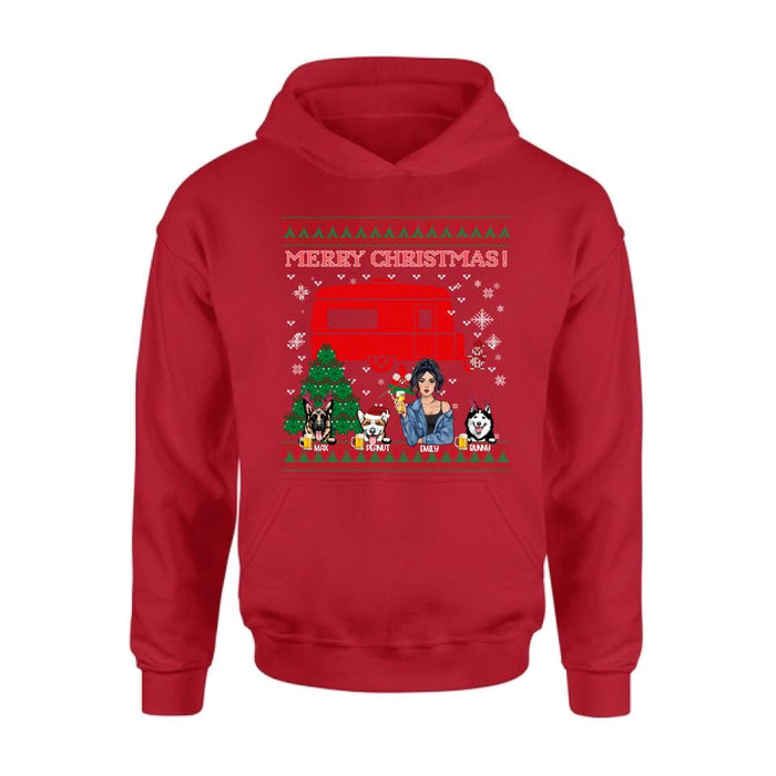 Personalized Dog Mom Camping Sweatshirt - Up to 3 Dogs - Merry Christmas