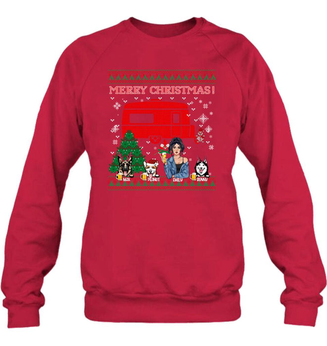 Personalized Dog Mom Camping Sweatshirt - Up to 3 Dogs - Merry Christmas