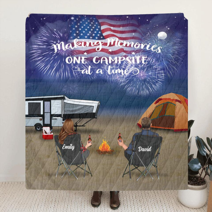 Personalized Beach Night Camping Family Fleece Throw Blanket/Quilt - Adult/Couple/Parents With Up to 3 Kids And 4 Pets - Independence Day Gift Idea For Family/Camping Lover - Happy 4th Of July